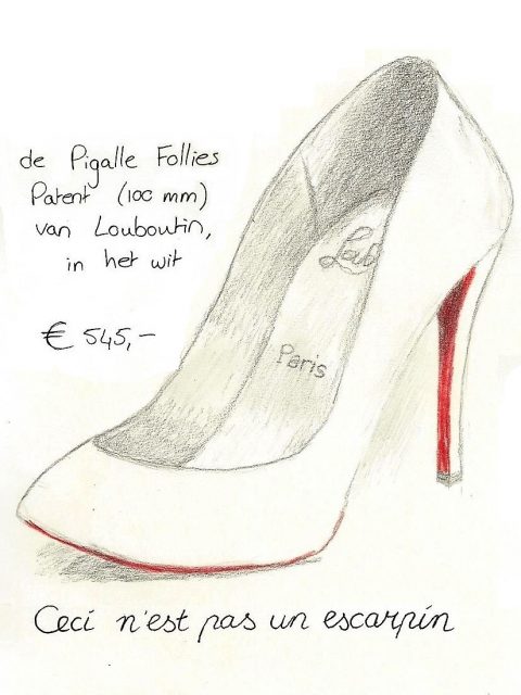 Een tekening van een pump, de Pigalle Follies Patent van Louboutin. Daaronder de woorden "ceci n'est pas un escarpin".