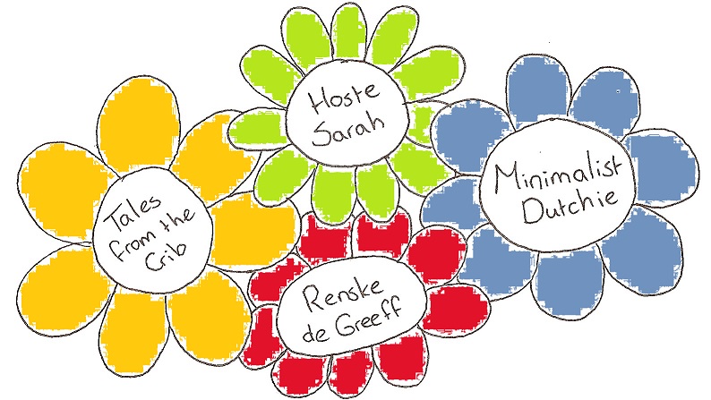 De namen van vier blogs (Tales from the Crib, Hoste Sarah, Renske de Greeff en Minimalist Dutchie) in vier getekende bloemetjes