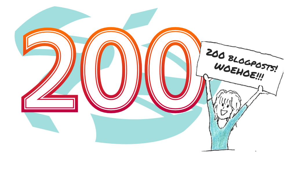 een grote "200" met daarbij een tekening van mezelf. Ik houd een bordje op met de tekst "200 blogposts, woehoe!"