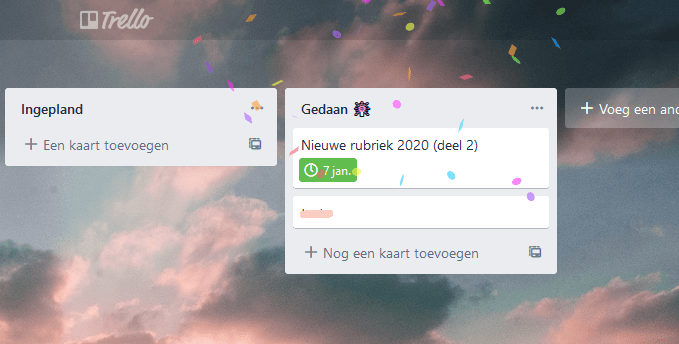 Een bord op Trello, met confetti