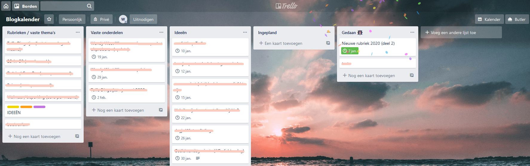 screenshot van trello-bord met confetti